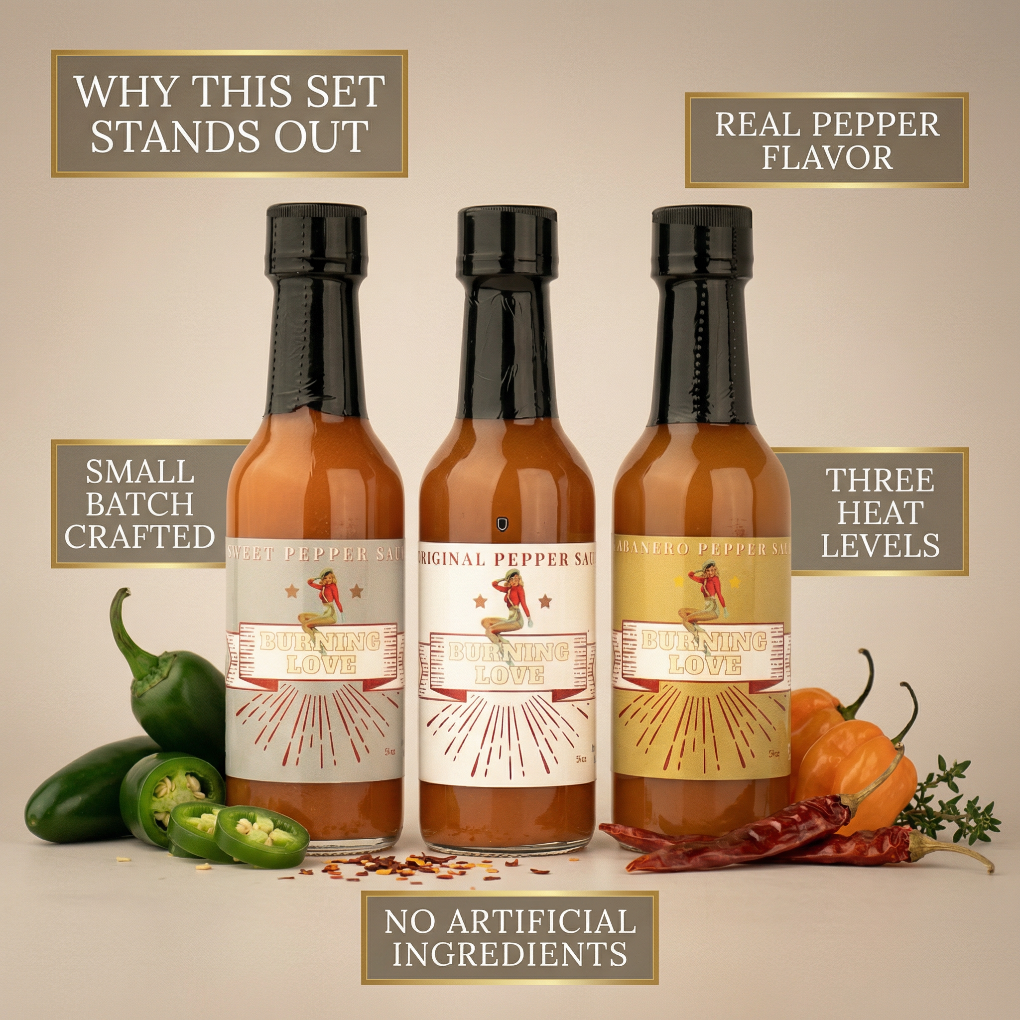 Hot Sauce 3-Pack Gift Set - Original, Habanero & Sweet Heat | Small Batch Restaurant Made | Lady May