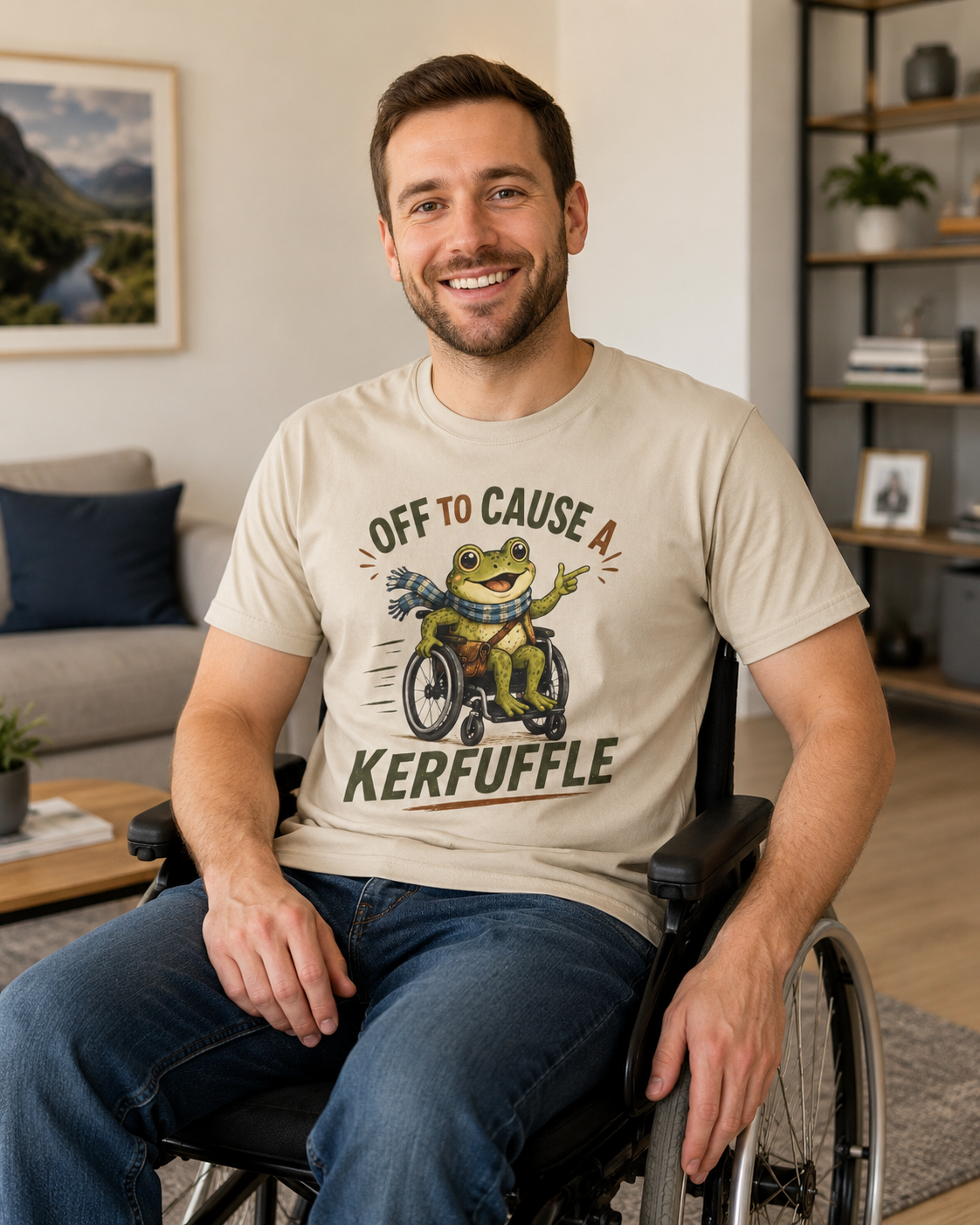 T-Shirt - "Off to Cause a Kerfuffle" Frog in Wheelchair Funny Graphic Tee