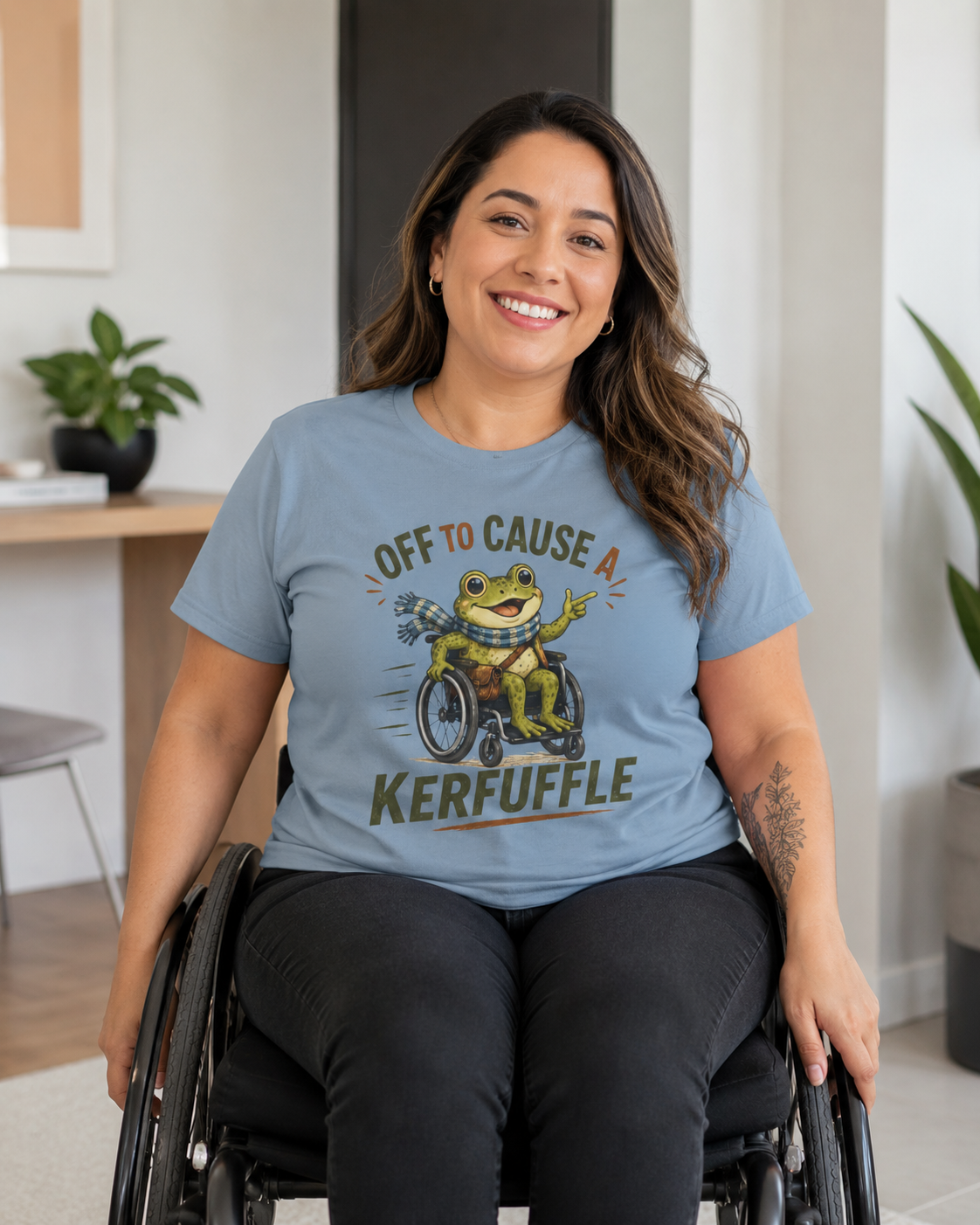 T-Shirt - "Off to Cause a Kerfuffle" Frog in Wheelchair Funny Graphic Tee