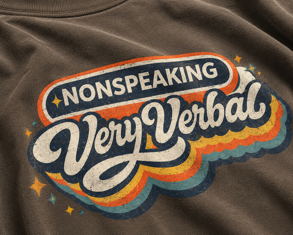 Text design on a brown background with 'Nonspeaking Very Verbal' in colorful letters.