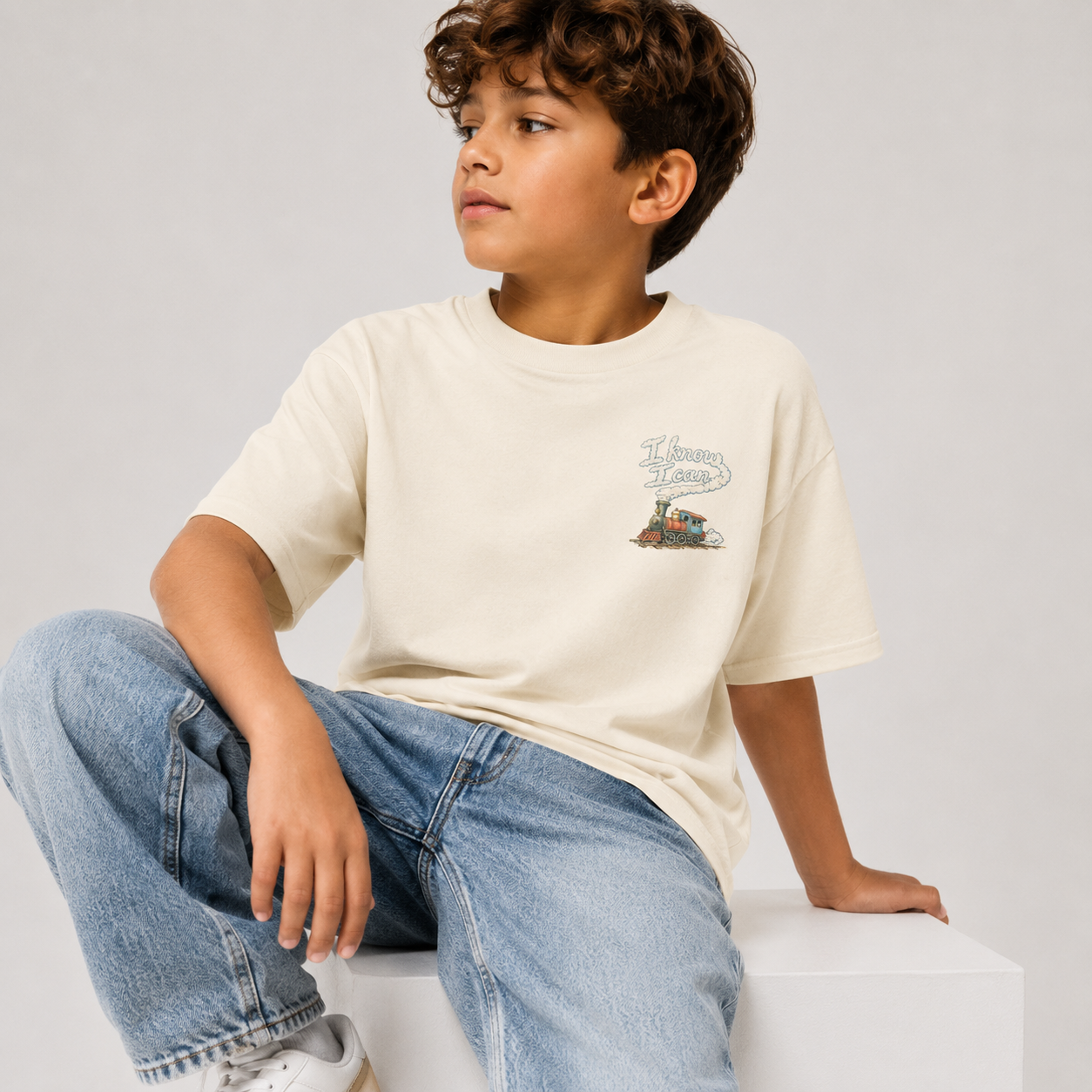 Child wearing a cream t-shirt with a graphic design on a white background design has a train and inspirational message I know I can