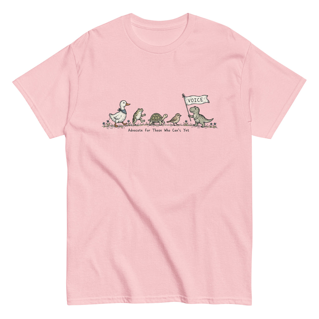 Product mockup pink shirt white background cute animals carrying flag. Text says advocate for those who can't yet