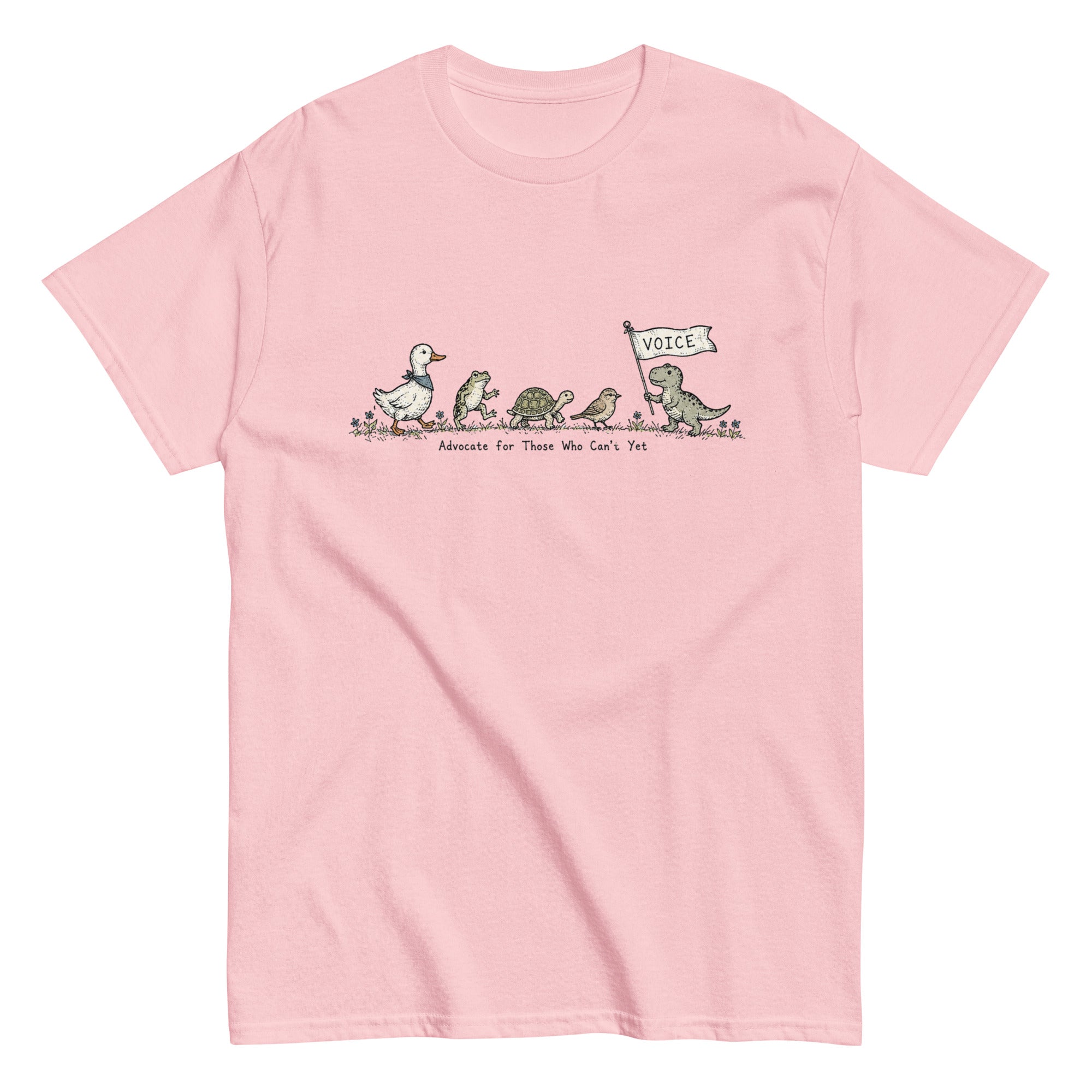 Product mockup pink shirt white background cute animals carrying flag. Text says advocate for those who can't yet