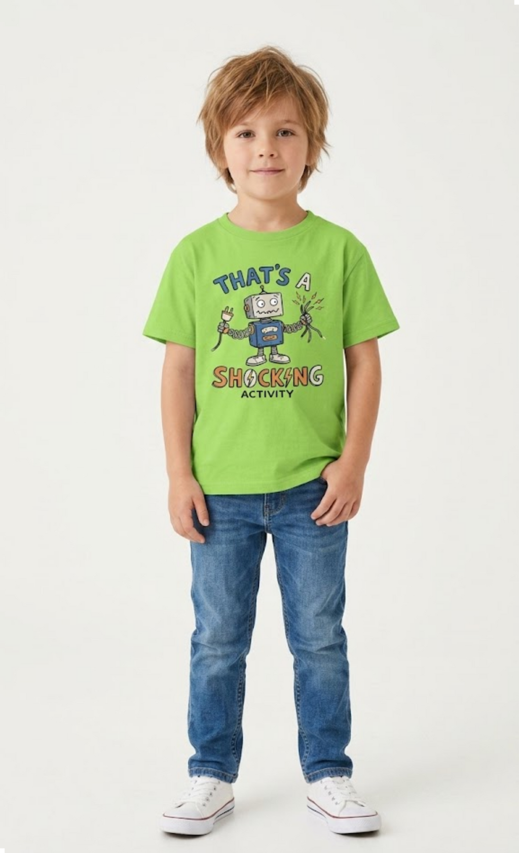 Child wearing a green t-shirt with text and graphics on a white background Tee is lime green with a robot says thats a shocking activity