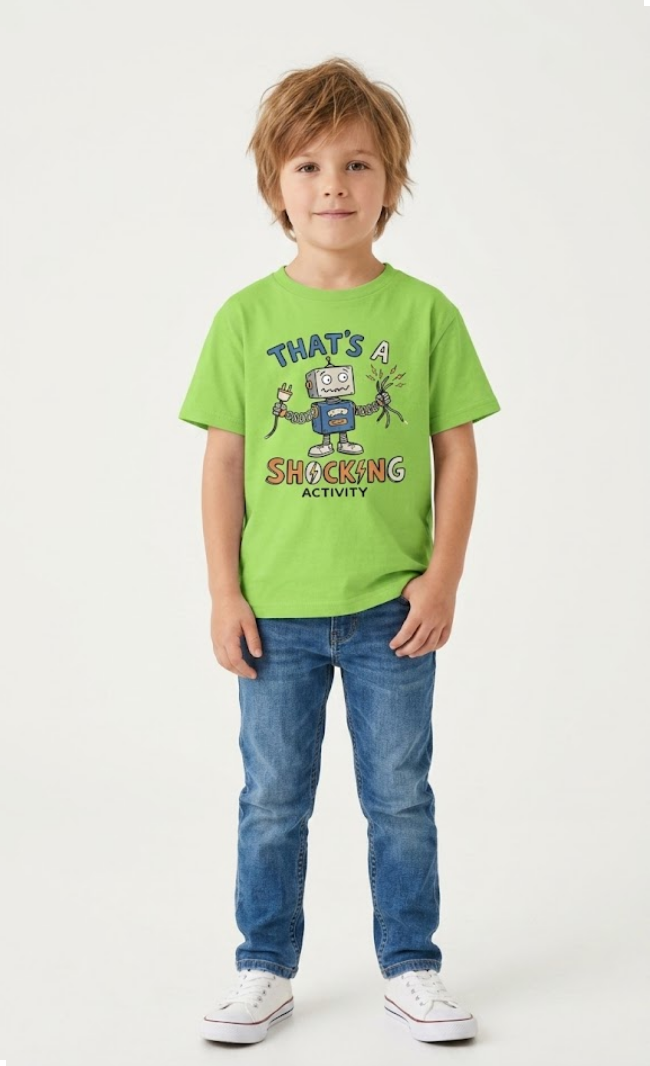 Child wearing a green t-shirt with text and graphics on a white background Tee is lime green with a robot says thats a shocking activity