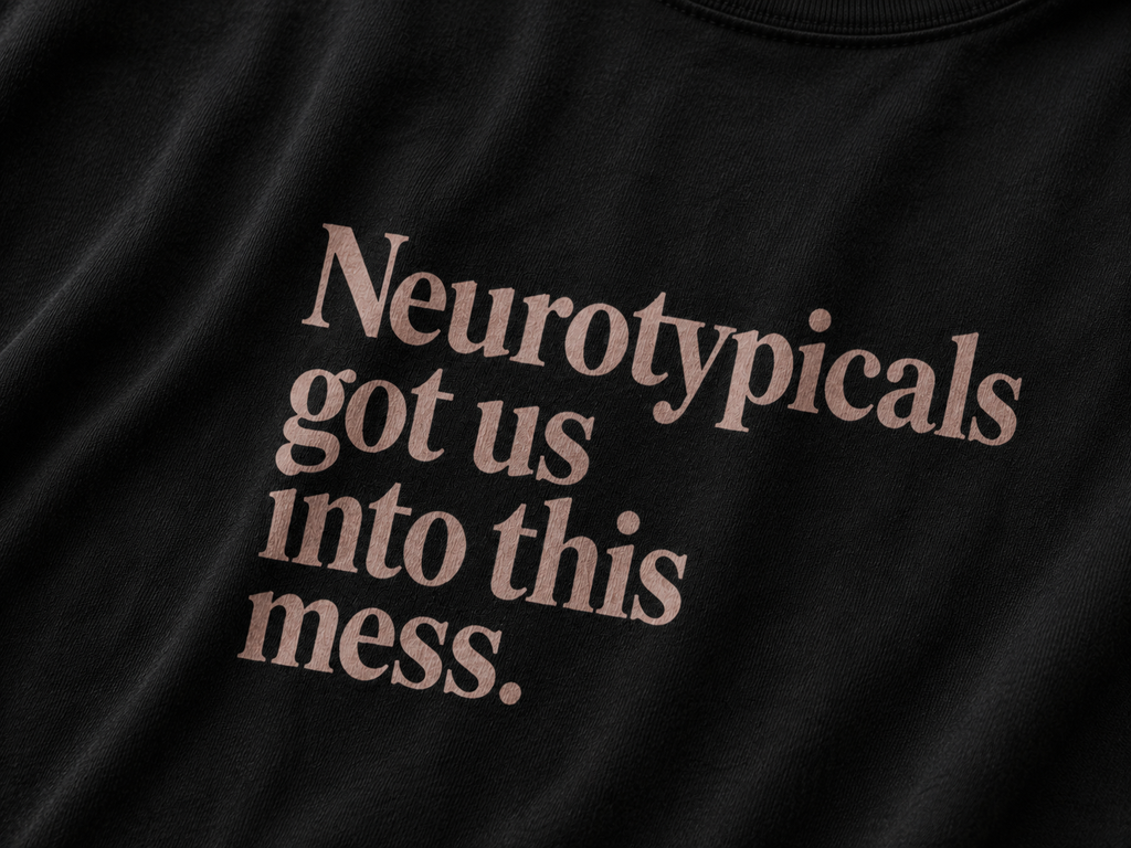 Black t-shirt with text 'Neurotypicals got us into this mess' in rose closeup.