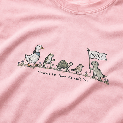 Pink t-shirt with cartoon animals and a dinosaur holding a 'VOICE' flag on a pink background
