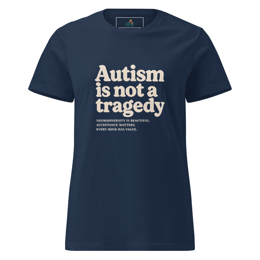 Product mockup blue shirt autism is not a tragedy with neurodivergent acceptance texts 