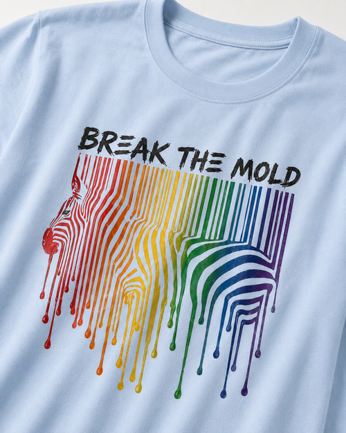 Close-up of the colorful Break The Mold zebra stripe graphic