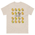 Product mockup shows colurful ducks on a beige shirt with a central message be the bright in the boring diability advocacy