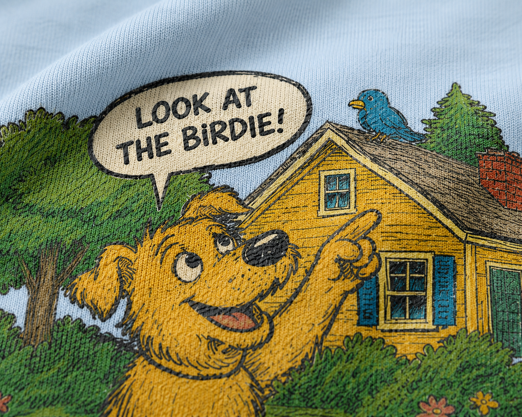  design of a dog pointing to a bird on a house with a speech bubble saying 'Look at the Birdie!'.