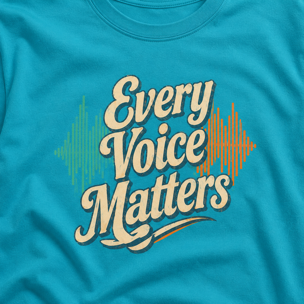 Blue t-shirt with 'Every Voice Matters' text and sound wave graphics