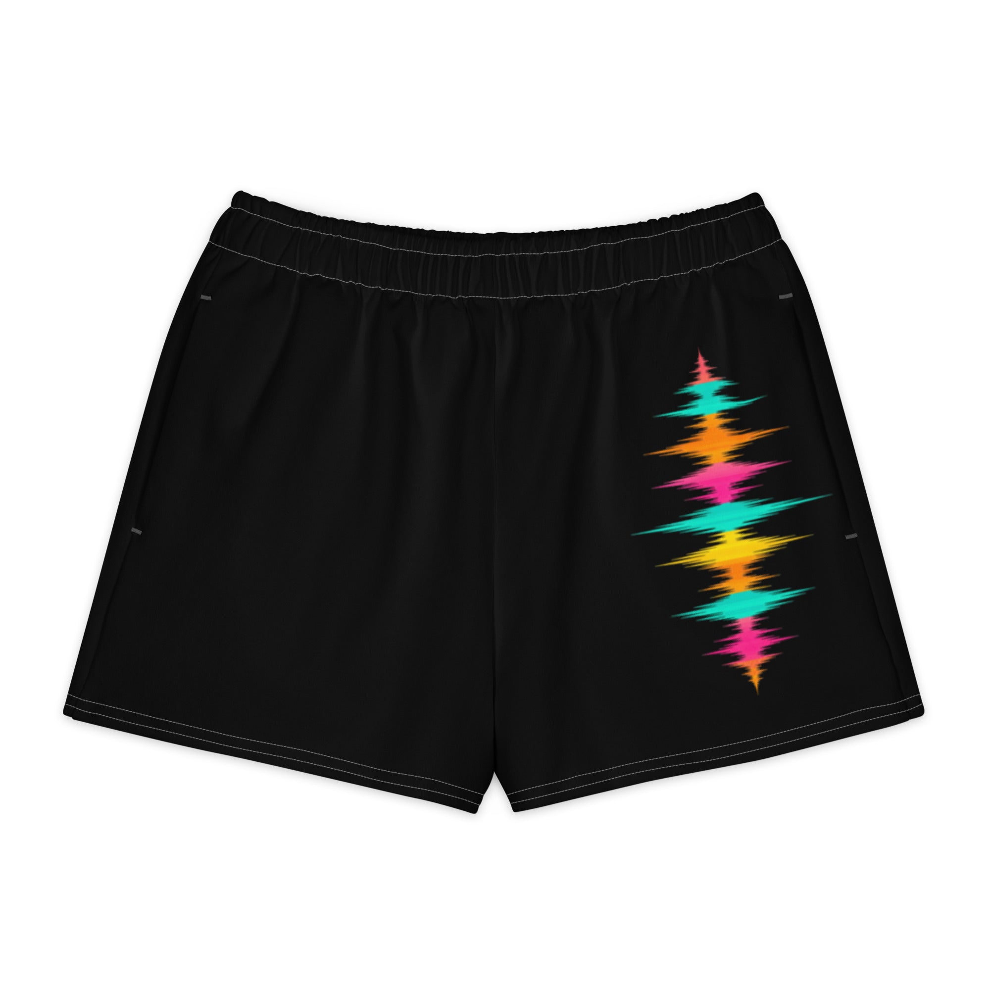 Product mockup of black shorts with colorful audio waves