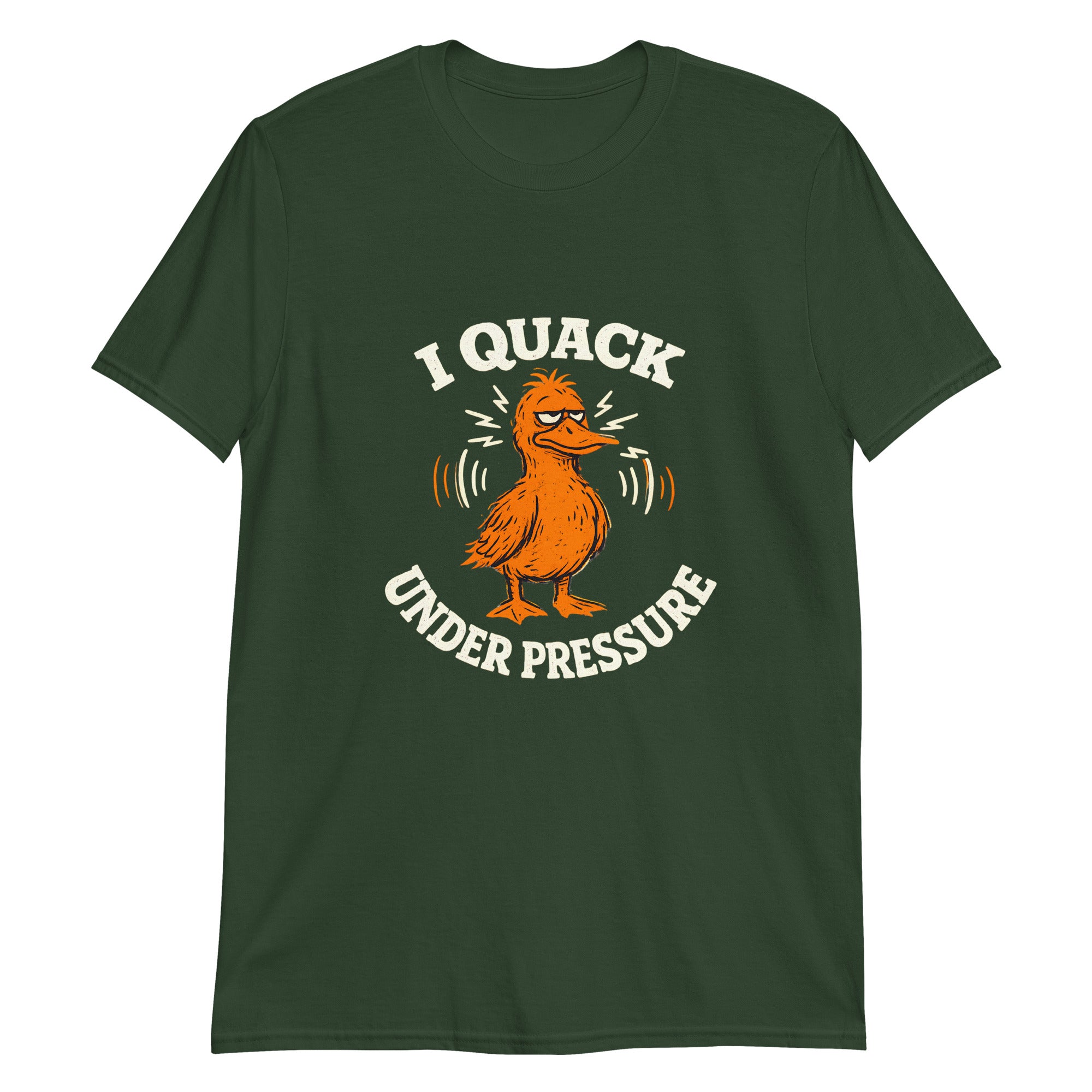 Product mockup forest green shirt. Orange duck. Text says I quack under pressure around duck.