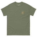 Product mockup of military green shirt with small brain that says dopamine detective for adhd awareness and advocacy