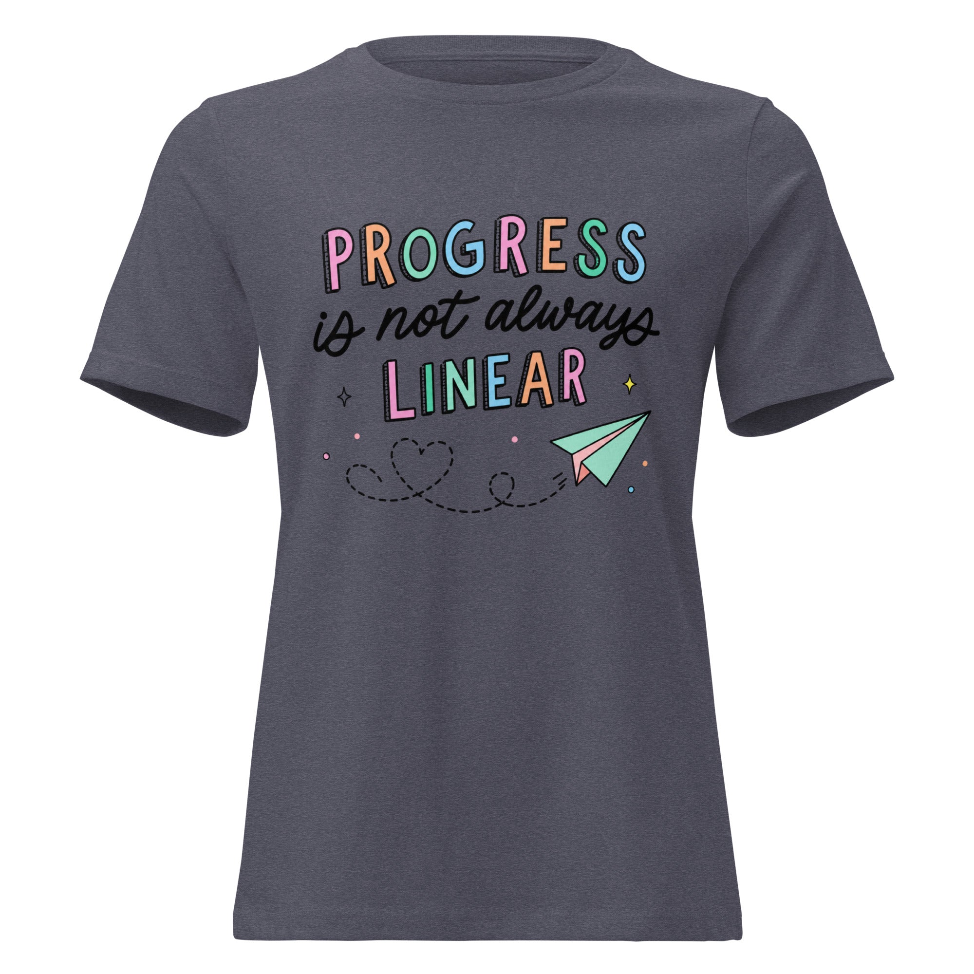 Product mockup text progress is not always linear and paperairplane colorful advocacy shirt