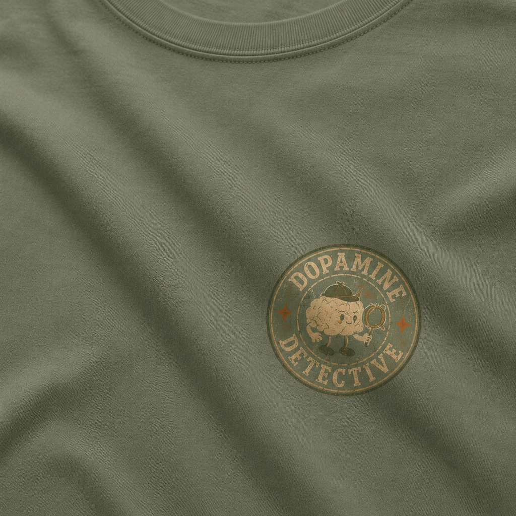 Green t-shirt with a 'Dopamine Detective' logo on a green background