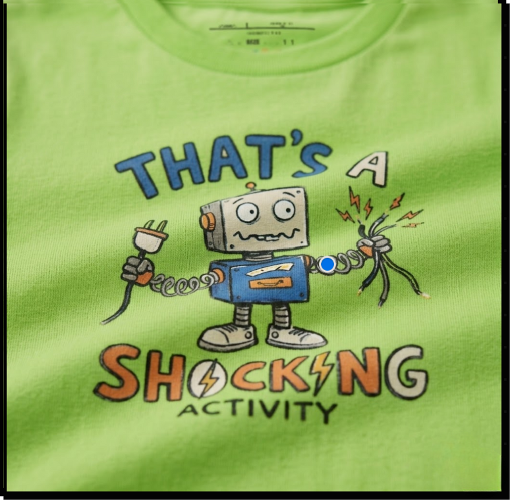Green t-shirt with a robot graphic and text on a green background