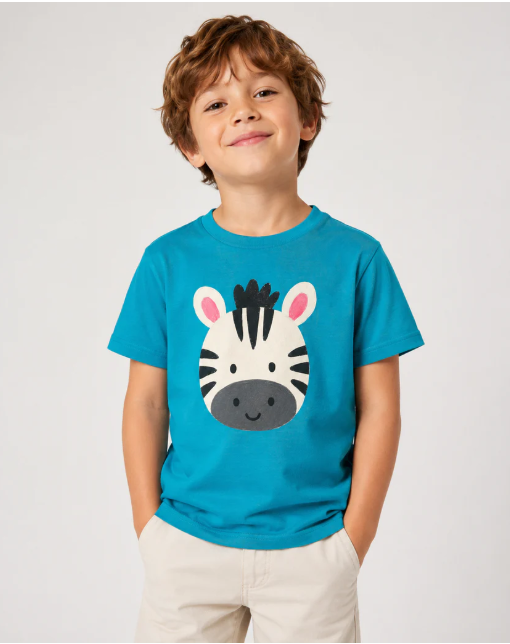 Child wearing blue zebra face graphic tee